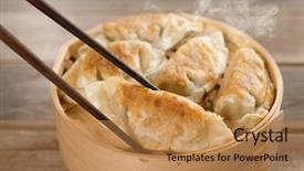  Presentation with food dimsum - Beautiful presentation design featuring container with chopsticks chinese food backdrop and a coral colored foreground