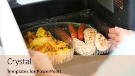  Presentation with plastic container - Slide deck with container with dinner into microwave background and a coral colored foreground