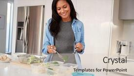  Presentation with plastic containers - Slide set featuring containment - woman in kitchen preparing high background and a lemonade colored foreground
