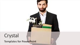  Presentation with personal belongings - Beautiful presentation theme featuring containment failure - fired businessman holding box backdrop and a  colored foreground