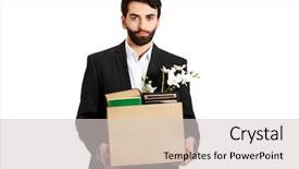  Presentation with personal belongings - Colorful presentation theme enhanced with containment failure - fired businessman holding box backdrop and a  colored foreground