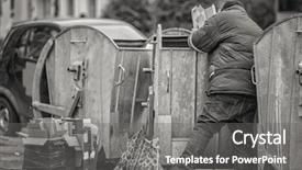  Presentation with container - Theme featuring containment failure - poor man rummaging in garbage background and a gray colored foreground
