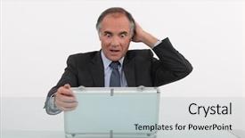  Presentation with case - Presentation theme having containment failure - shocked businessman opening case background and a light gray colored foreground