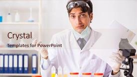  Presentation with chemist - Slide deck with containment failure - young handsome chemist working background and a  colored foreground