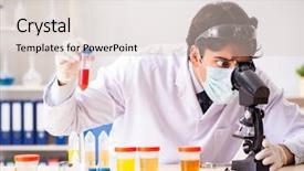  Presentation with sell lab coats - PPT layouts having containment failure - young handsome chemist working background and a  colored foreground