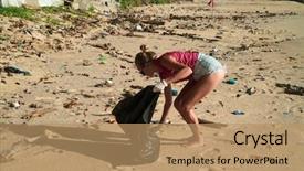  Presentation with holiday - Audience pleasing theme consisting of contaminated sea - woman tourist cleaning the beach backdrop and a coral colored foreground