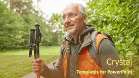  Presentation with hiking - PPT theme having contemplative-senior-man-with-hiking background and a tawny brown colored foreground