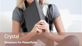  Presentation with vertical - PPT theme enhanced with contemplative woman sitting cross-legged on white couch and resting her chin on a book vertical format background and a coral colored foreground