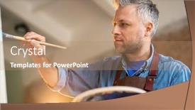  Presentation with artist - Cool new slide set with contemporary artist with palette and paintbrush drawing details of large painting while standing in front of easel in studio backdrop and a coral colored foreground