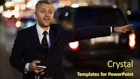  Presentation with taxi - Audience pleasing slide deck consisting of contemporary businessman with briefcase and smartphone waving for taxi while standing by road backdrop and a wine colored foreground