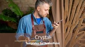  Presentation with scrolling - Slide set having contemporary creative painter with palette and paintbrush scrolling in smartphone or messaging in studio background and a tawny brown colored foreground