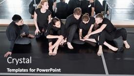  Presentation with break dance - Amazing PPT theme having contemporary-dance-teammates-sitting-together backdrop and a dark gray colored foreground