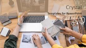  Presentation with interior designer - Presentation design featuring contemporary-designer-pointing-at-home background and a coral colored foreground