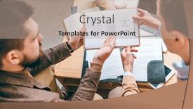  Presentation with developer - Slide deck having contemporary developer pointing at one of smartphone interfaces on paper during discussion with colleague at meeting background and a coral colored foreground