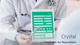  Presentation with health insurance - Presentation theme consisting of contemporary doctor in whitecoat holding pen and tablet while pointing at electronic form of health insurance background and a sky blue colored foreground