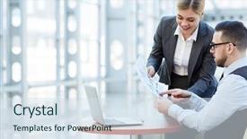  Presentation with financial analysis - PPT theme consisting of contemporary economists making financial analysis background and a sky blue colored foreground