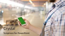  Presentation with factory - Slide deck with contemporary factory worker holding touchscreen background and a  colored foreground