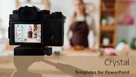  Presentation with making soap - Cool new PPT layouts with contemporary girl on display of home camera in front of table recording soap making master class backdrop and a coral colored foreground