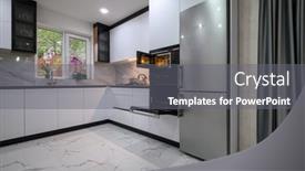  Presentation with open door - PPT theme enhanced with contemporary-kitchen-with-white-cabinets background and a gray colored foreground