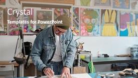  Presentation with jeans denim - Audience pleasing theme consisting of contemporary-leatherworker-in-denim-jacket backdrop and a coral colored foreground