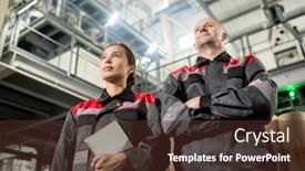  Presentation with technical - Presentation design consisting of contemporary-male-and-female-engineers background and a tawny brown colored foreground