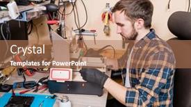  Presentation with gadget - Theme enhanced with contemporary master of gadget repair service in protective gloves using special equipment while repairing smartphone background and a coral colored foreground