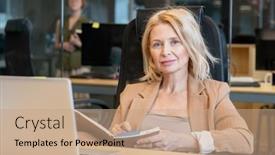  Presentation with planning - Colorful slides enhanced with contemporary-mature-blond-businesswoman backdrop and a coral colored foreground