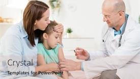  Presentation with pediatrician - Presentation theme featuring contemporary pediatrician making injection to little girl sitting next to her mother in medical office background and a coral colored foreground
