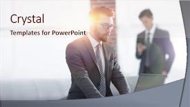  Presentation with laptop and wall - Cool new presentation theme with contemporary progressive education - handsome businessman is working backdrop and a  colored foreground