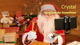  Presentation with flute - Beautiful presentation design featuring contemporary santa with flute of champagne making selfie while sitting by table on christmas eve at home backdrop and a tawny brown colored foreground