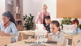  Presentation with classmates - Slide set with contemporary-schoolgirl-and-her-classmates background and a coral colored foreground