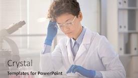  Presentation with scientist - Amazing PPT theme having contemporary-scientist-or-researcher backdrop and a light gray colored foreground