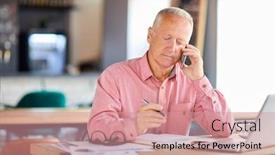  Presentation with business partner - PPT theme with contemporary senior businessman with smartphone consulting client or talking to business partner at work background and a coral colored foreground