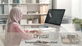  Presentation with muslim - Presentation theme with contemporary-serious-muslim-businesswoman-sitting background and a light gray colored foreground