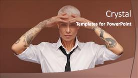  Presentation with female - PPT theme enhanced with contemporary-young-blond-female background and a tawny brown colored foreground