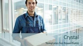  Presentation with food service - Theme enhanced with contemporary young delivery service worker background and a light blue colored foreground