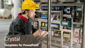  Presentation with industrial machines - Cool new PPT layouts with contemporary-young-engineer-in-workwear backdrop and a violet colored foreground