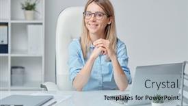  Presentation with front desk - Cool new presentation design with contemporary-young-female-white-collar backdrop and a light blue colored foreground