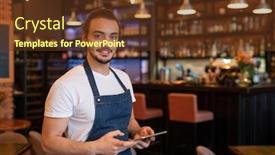  Presentation with apron - Cool new presentation theme with contemporary-young-handsome-waiter backdrop and a tawny brown colored foreground