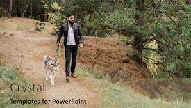  Presentation with leash - Presentation enhanced with contemporary young man in casualwear walking down footpath while holding leash of his purebred dog background and a coral colored foreground