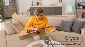  Presentation with strings - Amazing PPT theme having contemporary-young-man-in-jeans backdrop and a coral colored foreground