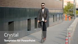  Presentation with electric scooter - Beautiful PPT theme featuring contemporary-young-man-in-pants backdrop and a gray colored foreground