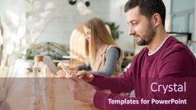  Presentation with scrolling - Slide set having contemporary young mobile man scrolling in digital tablet while having rest by table in cafe on background of female background and a tawny brown colored foreground