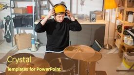  Presentation with drum - Presentation theme having contemporary-young-musician-in-casualwear background and a tawny brown colored foreground