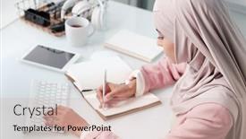  Presentation with front office - Colorful presentation enhanced with contemporary-young-muslim-woman backdrop and a soft green colored foreground