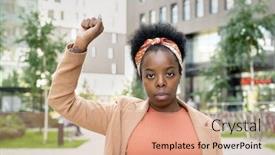  Presentation with african ethnicity - Beautiful slide deck featuring contemporary-young-serious-businesswoman backdrop and a coral colored foreground