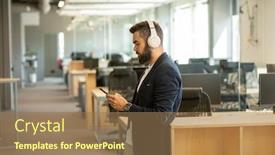  Presentation with scrolling - PPT theme featuring contemporary-young-serious-office-worker background and a coral colored foreground