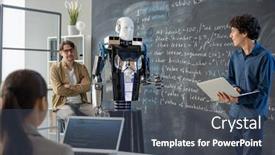  Presentation with robot - Theme having contemporary-young-student-with-laptop background and a ocean colored foreground
