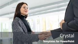  Presentation with director - Colorful presentation enhanced with contemporary-young-successful-businesswoman-shaking backdrop and a dark gray colored foreground