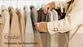  Presentation with boutique - Beautiful presentation design featuring contemporary young woman in beige trenchcoat and knitted pullover choosing casualwear from new seasonal collection in boutique backdrop and a coral colored foreground